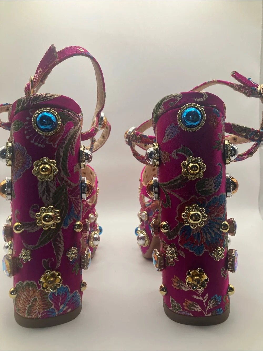 Fuchsia Embellished Platform Sandals with Floral Jacquard
